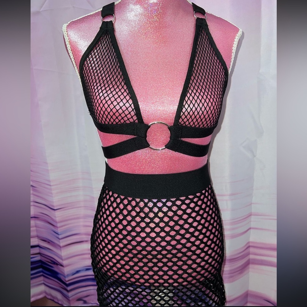 see through rave/festival fishnet halter top & skirt